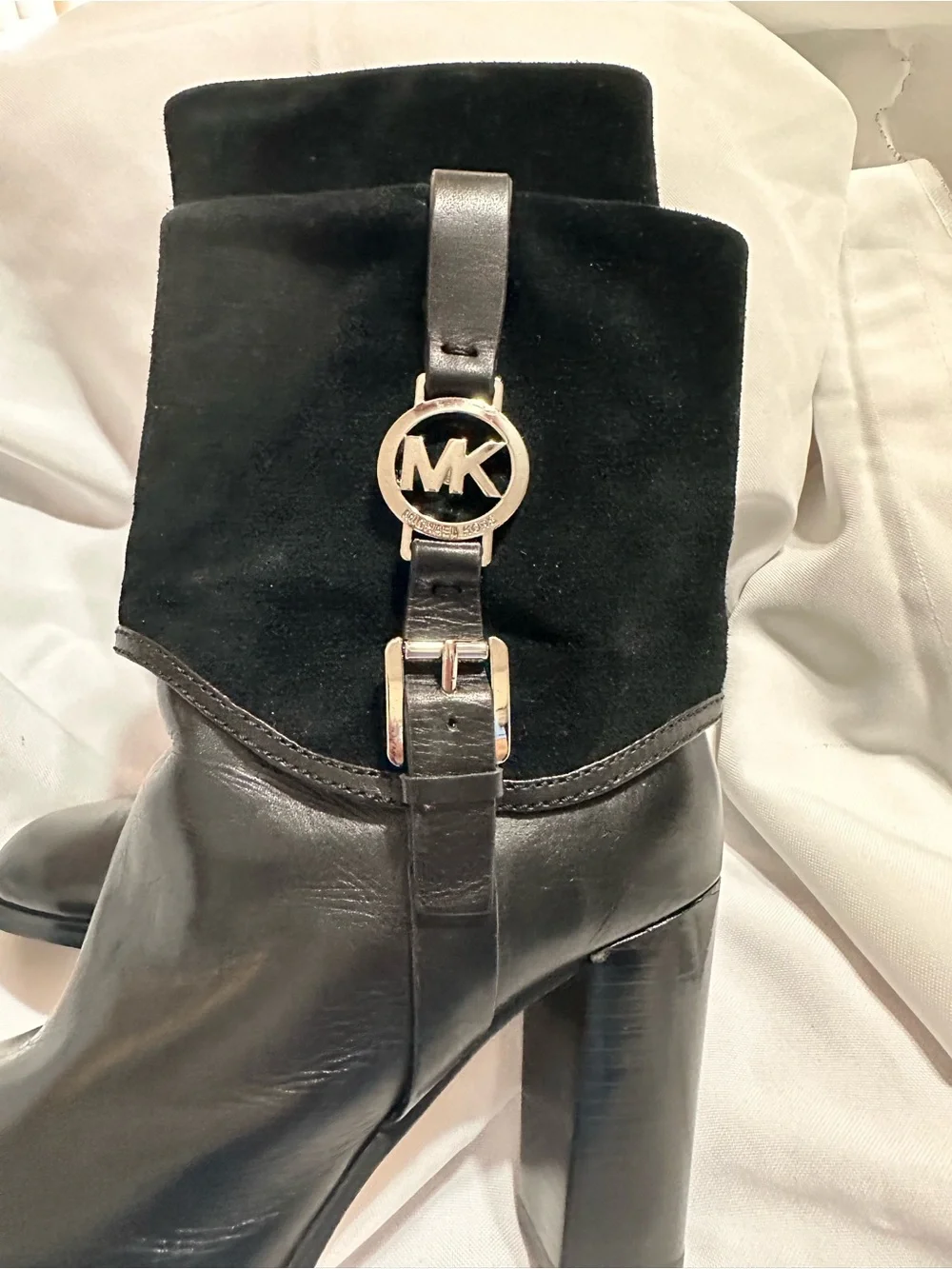 Michael Kors Black Leather & Suede Block Heel Ankle Boots with white MK Accent